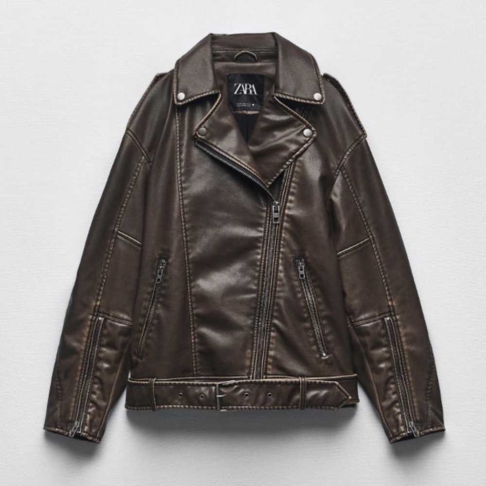 ZARA Chocolate Brown Biker Leather Zip Jacket sz Medium